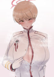 Rule 34 | 1girl, absurdres, blonde hair, blue archive, blush, breasts, button gap, buttons, cleavage, collared shirt, fuzinoe 13b, gloves, gradient background, halo, highres, huge breasts, long sleeves, looking at viewer, marina (blue archive), no bra, open clothes, open mouth, partially unbuttoned, shirt, short hair, simple background, solo, steaming body, sweat, unbuttoned, upper body, white gloves, yellow eyes