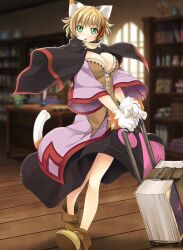 Rule 34 | 1girl, animal ears, animal hands, atelier-moo, book, breasts, brown hair, cat ears, cat girl, cat tail, cloak, feline sora, full body, gloves, green eyes, large breasts, open mouth, paw gloves, short hair, skirt, solo, standing, tail, wizards symphony