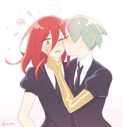 Rule 34 | 2others, ahoge, androgynous, blush, cinnabar (houseki no kuni), closed eyes, crystal hair, embarrassed, gem uniform (houseki no kuni), golden arms, green hair, hair between eyes, hand on another&#039;s face, houseki no kuni, kiss, kiss day, kissing cheek, long bangs, mercury (element), multiple others, necktie, one eye closed, phosphophyllite, red eyes, red hair, short hair, signature, spoilers, upper body