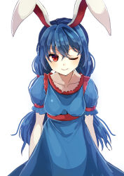 Rule 34 | 1girl, animal ears, bad id, bad pixiv id, blue dress, blue hair, breasts, closed mouth, dress, earclip, light smile, long hair, looking at viewer, medium breasts, one eye closed, puffy short sleeves, puffy sleeves, rabbit ears, red eyes, sameya, seiran (touhou), short sleeves, simple background, solo, touhou, twintails, upper body, white background