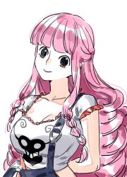 Rule 34 | 1girl, arm behind back, black eyes, breasts, cleavage, collarbone, drill hair, grey background, large breasts, long hair, looking at viewer, one piece, overalls, perona, pink hair, raine (acke2445), shirt, short sleeves, smile, solo, transparent background, very long hair, white shirt