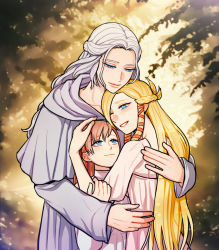 Rule 34 | 3girls, blonde hair, blue eyes, braid, capelet, collarbone, colored eyelashes, commentary request, dress, final fantasy, final fantasy xiv, grin, group hug, hair ribbon, half-closed eyes, half updo, hand on another&#039;s arm, hand on another&#039;s back, hand on another&#039;s head, height difference, hood, hood down, hooded capelet, hooreng, hug, hyur, korean commentary, leaf, long hair, looking at another, looking up, minfilia warde, multiple girls, one eye closed, outdoors, ribbon, robe, ryne waters, single braid, smile, standing, straight hair, swept bangs, turtleneck, upper body, venat (ff14), wavy hair, white capelet, white dress, white hair, white robe, wide sleeves, yellow background