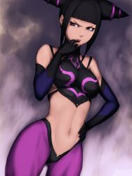 Rule 34 | 1girl, bare shoulders, black hair, blunt bangs, breasts, capcom, chinese clothes, detached sleeves, drill hair, dudou, elbow gloves, fumio (rsqkr), gloves, halterneck, han juri, hand on own hip, hip focus, large breasts, looking to the side, midriff, navel, purple eyes, short hair, solo, street fighter, street fighter iv (series), twin drills, twintails, underboob
