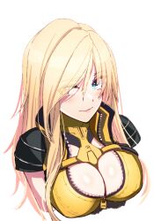 Rule 34 | 1girl, blonde hair, blue eyes, breasts, cleavage, cleavage cutout, closed mouth, clothing cutout, commentary request, elena (star ocean), highres, large breasts, long hair, looking at viewer, partially unzipped, shirt, simple background, skin tight, solo, star ocean, star ocean the divine force, unier, white background, yellow shirt