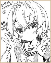 Rule 34 | 1girl, ahoge, blush, bow, closed mouth, commentary request, double v, greyscale, hair between eyes, hair intakes, hands up, k hiro, looking at viewer, monochrome, original, puffy short sleeves, puffy sleeves, sailor collar, school uniform, serafuku, shirt, short sleeves, simple background, solo, traditional media, translation request, upper body, v, white background