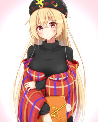 Rule 34 | 1girl, alternate costume, black dress, black hat, blonde hair, blush, breasts, closed mouth, commentary request, crescent, crescent print, dress, hair between eyes, hand up, hat, highres, jacket, junko (touhou), large breasts, long hair, long sleeves, looking at viewer, musteflott419, open clothes, open jacket, pink background, plaid, plaid jacket, pom pom (clothes), red eyes, red jacket, simple background, smile, solo, standing, touhou, turtleneck, turtleneck dress, white background