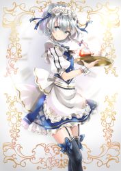 Rule 34 | 1girl, apron, bad id, bad pixiv id, black thighhighs, blue bow, blue eyes, bow, braid, commentary request, cup, frilled apron, frills, garter straps, hair bow, holding, izayoi sakuya, looking at viewer, maid apron, maid headdress, petticoat, puffy short sleeves, puffy sleeves, shironeko yuuki, short sleeves, silver hair, smile, solo, teacup, teapot, thighhighs, thighs, touhou, tray, twin braids, wrist cuffs, zettai ryouiki