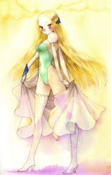 Rule 34 | 1990s (style), 1girl, blonde hair, breasts, brown eyes, cape, celes chere, female focus, final fantasy, final fantasy vi, full body, gloves, gradient background, hair ornament, leotard, long hair, noromi, retro artstyle, shoulder pads, solo, thighhighs