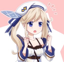 Rule 34 | 10s, 1girl, bad id, bad pixiv id, bare shoulders, beret, blonde hair, blue eyes, breasts, cleavage, collarbone, colorized, cucouroux (granblue fantasy), granblue fantasy, hat, long sleeves, minuma h, solo, twintails, two-tone background