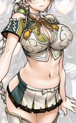 Rule 34 | 10s, 1girl, arms at sides, asymmetrical hair, bare shoulders, braid, breasts, character request, cleavage cutout, clothing cutout, cloud print, cowboy shot, detached sleeves, hip vent, hiyohiyo, kantai collection, large breasts, long hair, midriff, miniskirt, navel, out of frame, outside border, short sleeves, silver hair, single braid, skirt, smile, solo, thighhighs, thighs, unryuu (kancolle), very long hair