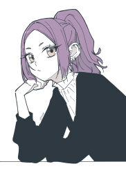 Rule 34 | 1girl, black jacket, brown eyes, collared shirt, commentary request, grey background, half updo, head rest, highres, jacket, long hair, original, purple hair, sakashima 0822, shirt, sidelocks, signature, simple background, sleeves past elbows, solo, upper body, white shirt