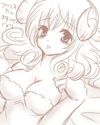 Rule 34 | 1girl, aries (fairy tail), arms up, bed, bed sheet, blush, breasts, cleavage, curled horns, curly hair, detached sleeves, dress, fairy tail, fingerless gloves, gloves, hands up, horns, japanese text, kanji, long hair, looking at viewer, lowres, lying, medium breasts, monochrome, monster girl, moriduki yuma, morizuki yuma, on back, on bed, parted lips, pov, sheep girl, sheep horns, sketch, solo, talking, translation request, wool, wool dress