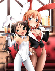 Rule 34 | 2girls, animal ears, black hair, blue eyes, bow, bowtie, breasts, bridal gauntlets, brown legwear, charlotte e. yeager, cleavage, couch, detached collar, detached sleeves, drink, fake animal ears, fang, francesca lucchini, hajime monji, jacket, long hair, medium breasts, multiple girls, open mouth, orange hair, pantyhose, playboy bunny, rabbit ears, smile, standing, strike witches, tray, tsurime, twintails, white legwear, world witches series, wrist cuffs