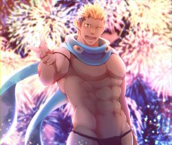 Rule 34 | 1boy, abs, absurdres, bara, black fundoshi, black hair, black male underwear, blonde hair, blush, bulge, crow (siranui), firework background, fireworks, fundoshi, highres, horns, japanese clothes, jiraiya (housamo), large pectorals, looking at viewer, male focus, male underwear, multicolored hair, muscular, muscular male, navel, nipples, pectorals, revision, scarf, short hair, smile, solo, thick thighs, thighs, tokyo houkago summoners, topless male, underwear, upper body