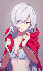 Rule 34 | 1girl, bra, breasts, cape, cleavage, collarbone, grey background, grey bra, hair between eyes, hair down, long hair, looking at viewer, maguro (guromaguro), open mouth, red cape, rwby, scar, scar across eye, scar on face, silver hair, simple background, small breasts, solo, swept bangs, underwear, upper body, very long hair, weiss schnee