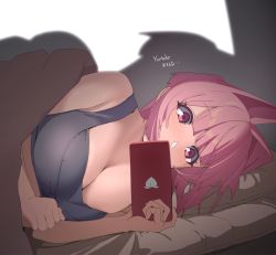 Rule 34 | 1girl, bare shoulders, bed sheet, blunt bangs, blush, bra, breasts, cellphone, cleavage, english text, highres, holding, holding phone, large breasts, lying, miton-chan (miton (turuyasann)), miton (turuyasann), on bed, on side, original, phone, pillow, pink eyes, pink hair, smartphone, solo, underwear, upper body, watching
