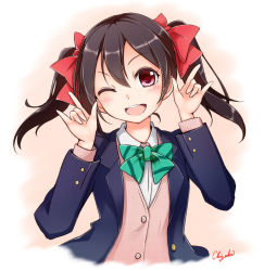 Rule 34 | 10s, 1girl, ;d, \m/, akizuki rito, bad id, bad pixiv id, black hair, blazer, blush, bow, double \m/, hair bow, highres, jacket, looking at viewer, love live!, love live! school idol project, nico nico nii, one eye closed, open mouth, red eyes, school uniform, short hair, signature, smile, solo, twintails, yazawa nico