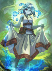 Rule 34 | 1girl, aqua hair, belt, belt pouch, blue skin, clothes lift, colored skin, commentary request, dress, dress lift, fantasy, forest, highres, looking at viewer, medium hair, nature, one eye closed, original, partially submerged, pointy ears, pond, pouch, red eyes, sleeveless, sleeveless dress, smile, treehouse, vial, wading, water, white dress, yanagisawa (medakokoro)