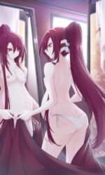 Rule 34 | 1boy, absurdres, ass, blush, butt crack, highres, long hair, male pregnancy, mirror, nipples, original, panties, ponytail, red eyes, red hair, sukisyo fong, swimsuit, trap, underwear, undressing, window