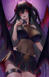 Rule 34 | 1girl, :d, ahoge, azur lane, bare arms, bare shoulders, bikini, bikini top only, black bikini, black hair, black skirt, blush, brown leotard, covered navel, cowboy shot, demon girl, demon horns, demon wings, fangs, finger to mouth, gradient background, gradient hair, hair between eyes, halloween costume, highres, horns, leotard, leotard under clothes, light particles, long hair, miniskirt, multicolored hair, one side up, open mouth, purple background, purple hair, red eyes, red wings, skirt, smile, solo, straight hair, swimsuit, taihou (azur lane), thigh gap, thigh strap, very long hair, wings, yorugami rei