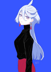 Rule 34 | 1girl, 2022, ahoge, alternate costume, artist name, blue background, casual, closed mouth, dated, earrings, expressionless, from side, grey eyes, gundam, gundam suisei no majo, hair between eyes, jewelry, long hair, looking at viewer, miorine rembran, pink eyes, signature, simple background, solo, turtleneck, yuri kyanon