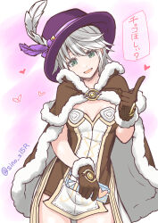 Rule 34 | 1girl, blush, box, breasts, brown cape, brown dress, brown gloves, cape, commentary request, cowboy shot, dress, fur-trimmed gloves, fur cape, fur trim, gloves, green eyes, hair between eyes, hat, hat feather, heart, high wizard (ragnarok online), holding, holding box, looking at viewer, masaki shino, medium breasts, open mouth, pink background, purple hat, ragnarok online, short dress, short hair, smile, solo, translation request, two-tone dress, white dress, white hair