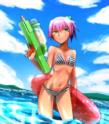 Rule 34 | 10s, 1girl, bikini, blue sky, breasts, cleavage, cloud, collarbone, day, didloaded, gradient background, green eyes, in water, innertube, kantai collection, looking at viewer, mountain, navel, outdoors, pink hair, shiranui (kancolle), sky, small breasts, solo, standing, swim ring, swimsuit, twitter username, wading, water gun