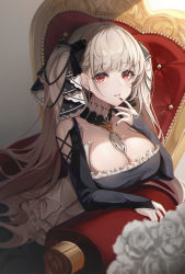 Rule 34 | 1girl, absurdres, azur lane, between breasts, black bow, black choker, black dress, black gloves, black nails, blurry, blurry foreground, bow, breasts, bridal gauntlets, choker, cleavage, clothing cutout, cross-laced clothes, dress, finger to mouth, fingernails, flower, formidable (azur lane), frilled dress, frills, gloves, grey hair, hair bow, hair ribbon, highres, large breasts, lolita fashion, long fingernails, long hair, long sleeves, low neckline, nail polish, on chair, parted lips, red eyes, ribbon, rose, shoulder cutout, sitting, solo, square neckline, twintails, two-tone choker, two-tone dress, two-tone ribbon, very long hair, white flower, white rose, yulha 06