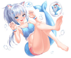 Rule 34 | 1girl, :d, a (phrase), absurdres, animal ear fluff, animal ears, bare legs, bare shoulders, barefoot, bite mark, bloop (gawr gura), blue eyes, blue hair, blue nails, blush, breasts, bubble, camisole, cat ears, child, claw pose, commentary request, crop top, feet, fins, fish tail, full body, gawr gura, hands up, haqu, highres, hololive, hololive english, kemonomimi mode, legs, long hair, looking at viewer, midriff, multicolored hair, nail polish, open mouth, pink shorts, ponytail, shark tail, sharp teeth, short shorts, shorts, silver hair, simple background, small breasts, smile, soles, solo, speech bubble, spoken letter, streaked hair, tail, teeth, toes, virtual youtuber, white background, wristband