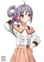 Rule 34 | 1girl, akebono (kancolle), artist name, bell, blouse, dated, flower, hair bell, hair flower, hair ornament, highres, holding, holding own hair, jingle bell, kantai collection, long hair, looking to the side, official alternate costume, one-hour drawing challenge, owa (ishtail), pink skirt, purple eyes, purple hair, shirt, side ponytail, simple background, skirt, solo, very long hair, white background, white shirt