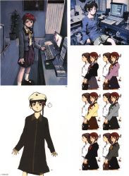 Rule 34 | 1990s (style), 1girl, abe yoshitoshi, absurdres, artbook, bag, book, brown eyes, brown hair, chair, character sheet, computer, desk, dress, game console, hat, highres, iwakura lain, keyboard (computer), mouse (computer), office chair, official art, plant, playstation 1, retro artstyle, scan, school bag, school uniform, serial experiments lain, short hair, shorts, sitting, skirt, swivel chair