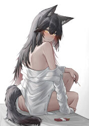 Rule 34 | 1girl, absurdres, animal ear fluff, animal ears, arknights, ass, back, black hair, black nails, blush, breasts, cigarette, cigarette pack, closed mouth, from side, highres, holding, holding cigarette, knee up, long hair, long sleeves, looking at viewer, looking to the side, medium breasts, nail polish, on bed, red hair, shirt, sideboob, simple background, sitting, solo, tail, texas (arknights), white background, white shirt, wolf ears, wolf tail, wordsworth owo, yellow eyes