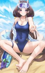 Rule 34 | 1girl, absurdres, azur lane, barefoot, blue sky, breasts, brown hair, cleavage, cloud, collarbone, commentary request, covered navel, day, foreshortening, goggles, goggles on head, highres, horns, long hair, looking at viewer, low twintails, m legs, medium breasts, noshiro (azur lane), noshiro (unwinding in the sunshine) (azur lane), purple eyes, school swimsuit, sitting, sky, solo, sora (men0105), swimsuit, swimsuit under clothes, thigh strap, thighs, toes, twintails, white horns