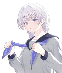 1boy absurdres braid closed_mouth cover_image crossdressing enoki_(butaolf) grey_eyes highres juusan_kihei_bouei_ken long_hair long_sleeves looking_at_viewer male_focus neckerchief okino_tsukasa sailor_collar school_uniform serafuku simple_background solo trap twin_braids upper_body white_background white_hair wig