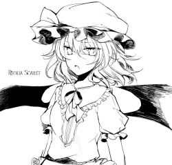 Rule 34 | 1girl, bat wings, bow, bowtie, character name, dress, fang, frilled shirt collar, frilled sleeves, frills, greyscale, hat, hat ribbon, looking at viewer, mob cap, monochrome, nazuka (mikkamisaki), open mouth, puffy short sleeves, puffy sleeves, remilia scarlet, ribbon, sash, short hair, short sleeves, sketch, solo, touhou, upper body, wings