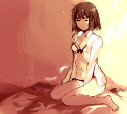 Rule 34 | 1girl, bad id, bad pixiv id, barefoot, between legs, bra, brown eyes, brown hair, feathers, hand between legs, lingerie, messy hair, navel, open clothes, open shirt, original, panties, shirt, short hair, sitting, sketch, solo, striped bra, striped clothes, striped panties, tan (tangent), underwear, wariza