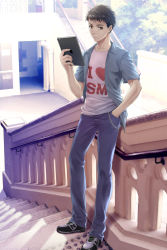 Rule 34 | 1boy, bad id, bad pixiv id, black hair, brown eyes, casual, chain, denhijou niki, denim, hand in pocket, highres, ipad, jeans, looking at viewer, male focus, pants, shoes, solo, stairs, tablet pc
