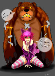 Rule 34 | 1girl, :d, absurdres, animal ears, annie (league of legends), blush, breasts, fake animal ears, highres, large breasts, league of legends, aged up, open mouth, pink hair, smile, tibbers, torahime (roland00)