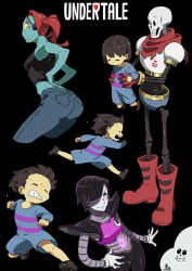 Rule 34 | 1girl, 1other, 2boys, = =, absurdres, androgynous, ankle boots, black background, black hair, black tank top, blue skin, bone, boots, brown footwear, brown hair, cape, carrying, carrying person, cel shading, child, clenched hands, clenched teeth, closed mouth, colored sclera, colored skin, commentary request, copyright name, cowboy shot, cropped legs, denim, dot mouth, eyepatch, fangs, fangs out, fins, flying sweatdrops, frisk (undertale), from side, full body, gloves, grin, hair over one eye, hand on own hip, head fins, height difference, highres, jeans, joints, kamezaemon, lifting person, looking at viewer, medium hair, mettaton, multiple boys, multiple views, no nose, one eye covered, open mouth, outstretched arms, pants, papyrus (undertale), pink eyes, ponytail, red cape, red footwear, red gloves, red hair, robot, robot joints, romper, running, sans (undertale), shoes, short hair, simple background, skeleton, smile, standing, swept bangs, tank top, teeth, torn cape, torn clothes, undertale, undyne, white gloves, yellow sclera
