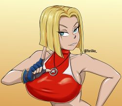 1girl artist_name blonde_hair blue_eyes blue_mary breasts fatal_fury fingerless_gloves gloves half-closed_eyes hand_on_own_hip highres index_finger_raised jewelry large_breasts looking_at_viewer midriff necklace parted_lips short_hair sideboob smile snk solo the_king_of_fighters the_king_of_fighters_xv yeriiko