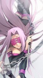 Rule 34 | 1girl, blindfold, chain, facial mark, fate/stay night, fate (series), forehead, forehead mark, highres, long hair, medusa (fate), medusa (rider) (fate), nameless dagger (fate), no-kan, purple hair, simple background, solo, very long hair, white background