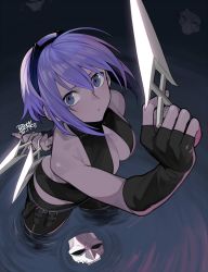 Rule 34 | 1girl, ahoge, arm behind back, armpit crease, bare shoulders, between fingers, black gloves, blush, collarbone, covered collarbone, dark-skinned female, dark skin, dated, dual wielding, fate/grand order, fate (series), fingerless gloves, gloves, hair between eyes, hassan of serenity (fate), highres, holding, holding knife, holding weapon, knife, mask, unworn mask, nao (syn eaa), parted lips, partially submerged, purple eyes, purple hair, signature, solo, standing, throwing knife, wading, water, weapon