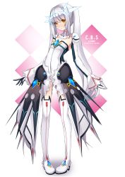 Rule 34 | 1girl, absurdres, bad id, bad pixiv id, boots, code: battle seraph (elsword), elsword, eve (elsword), flat chest, full body, grey hair, highres, long hair, long sleeves, open clothes, open skirt, pigeon-toed, pink background, sheltea, sidelocks, simple background, skirt, solo, standing, thigh boots, thighhighs, twintails, two-tone background, white background, white hair, white thighhighs, yellow eyes