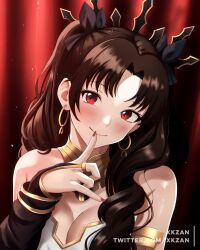 Rule 34 | 1girl, armlet, asymmetrical sleeves, black hair, black headwear, black ribbon, blush, bow, breasts, brown hair, choker, closed mouth, crop top, crown, curtains, detached sleeves, earrings, elbow gloves, eyelashes, fate/grand order, fate (series), fingernails, gloves, gold, gold earrings, hair bow, hair intakes, hair ornament, hair ribbon, highres, hoop earrings, ishtar (fate), jewelry, long hair, medium breasts, neck ring, off shoulder, parted bangs, portrait, profile picture, red curtains, red eyes, red pupils, revealing clothes, ribbon, selfie, smile, solo, strapless, tiara, twintails, twitter username, uneven sleeves, xkzan