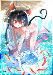 Rule 34 | 1girl, absurdres, all fours, animal ear fluff, animal ears, anklet, bandaid, bandaid on leg, beach chair, bikini, black hair, blue hair, blurry, blurry background, blush, bottle, bracelet, breasts, cat ears, cat tail, collarbone, colored inner hair, commentary request, feet, fish, flip-flops, full body, hair between eyes, hair ornament, hat, highres, jewelry, koi, legs, long hair, mole, multicolored hair, open mouth, original, red eyes, sakusa nn, sandals, shiny skin, side-tie bikini bottom, small breasts, solo, strap slip, straw hat, striped bikini, striped clothes, swimsuit, tail, thighs, toes, water, whistle, whistle around neck