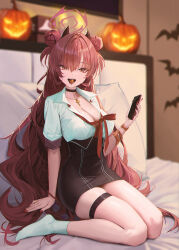Rule 34 | 1girl, absurdres, bed, black choker, black horns, black skirt, blue archive, blurry, blurry background, bracelet, breasts, candy, cellphone, choker, cleavage, collared shirt, demon horns, double bun, fieryonion, fingernails, food, hair bun, halloween, halo, highres, holding, holding phone, horns, indoors, jack-o&#039;-lantern, jewelry, kirara (blue archive), large breasts, long hair, looking at viewer, nail polish, necklace, open mouth, phone, pillow, red eyes, red hair, red halo, red nails, red ribbon, ribbon, shirt, skirt, smartphone, socks, solo, thigh strap, tongue, tongue out, white shirt, white socks
