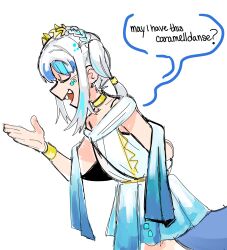 Rule 34 | 1girl, ancient greek clothes, bbbbungle, blue hair, bowing, dress, english text, fins, fish tail, gawr gura, gawr gura (party dress), gradient dress, greco-roman clothes, grey hair, highres, hololive, hololive english, laurel crown, multicolored hair, open mouth, shark girl, shark tail, sharp teeth, solo, streaked hair, tail, teeth, toga, virtual youtuber, white background