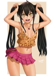 Rule 34 | 10s, 1girl, :d, arms up, bare shoulders, black hair, blush, breasts, dated, idolmaster, idolmaster cinderella girls, jewelry, lasterk, looking at viewer, matoba risa, microskirt, midriff, miniskirt, navel, necklace, off shoulder, open mouth, pleated skirt, sidelocks, signature, skirt, small breasts, smile, solo, standing, tank top, twintails, yellow eyes