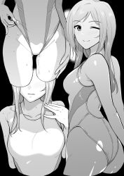Rule 34 | 1girl, ass, breasts, competition swimsuit, cowboy shot, from behind, greyscale, highleg, highleg swimsuit, highres, humiyou, idolmaster, idolmaster million live!, long hair, looking at viewer, looking back, medium breasts, momose rio, monochrome, multiple views, one-piece swimsuit, one eye closed, simple background, swimsuit