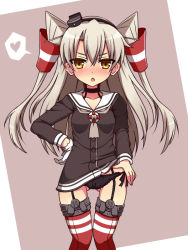 Rule 34 | 10s, 1girl, amatsukaze (kancolle), bad id, bad pixiv id, black panties, brown eyes, collar, dress, fang, garter straps, gloves, groin, hand on own hip, haniwagi (hal), heart, kantai collection, lace, lace-trimmed panties, lace trim, long hair, looking at viewer, panties, personification, red thighhighs, sailor dress, school uniform, serafuku, short dress, side-tie panties, silver hair, simple background, solo, spoken heart, striped clothes, striped thighhighs, thigh gap, thighhighs, tsurime, twintails, two side up, underwear, white gloves